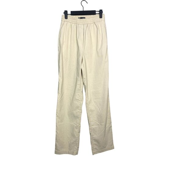 ZARA High Rise Straight Leg Cream Corduroy Elastic Waist Pants Pockets S #3370 - Picture 1 of 15